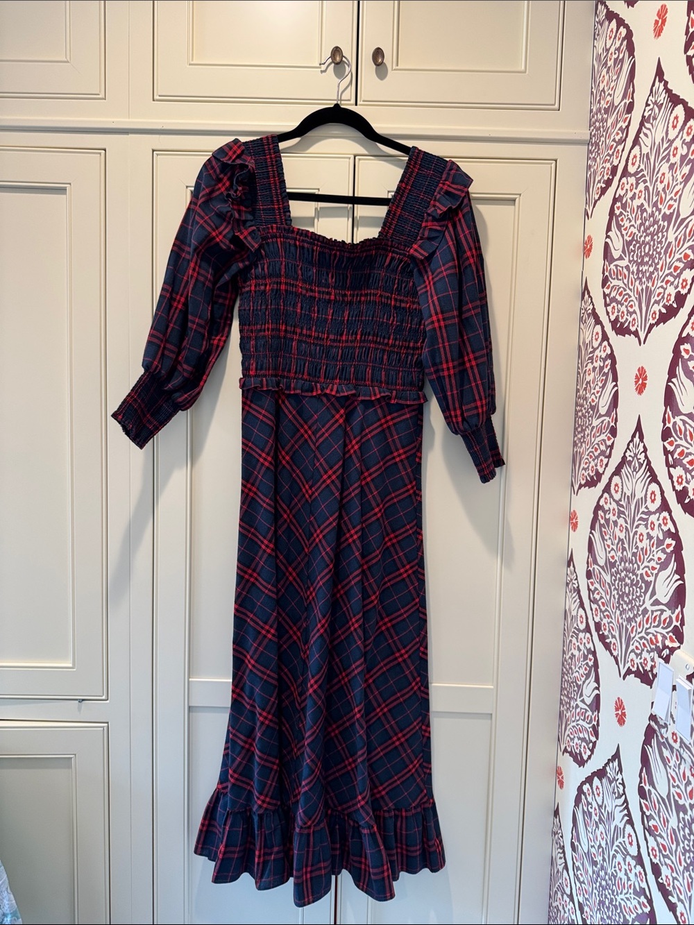 HUNTER BELL Navy and Red Plaid Smocked Midi Dress
